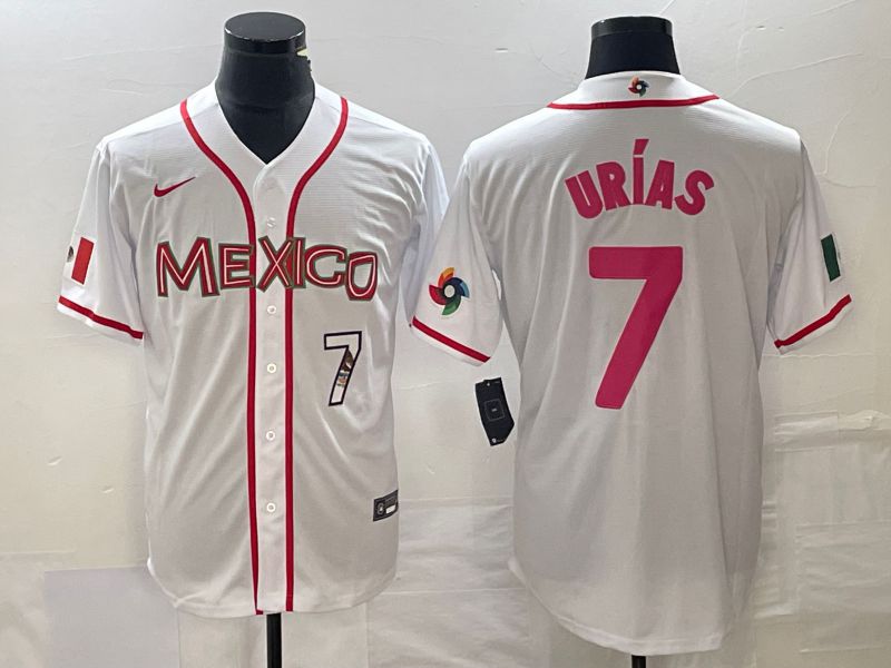 Men 2023 World Cub Mexico #7 Urias White pink Nike MLB Jersey1